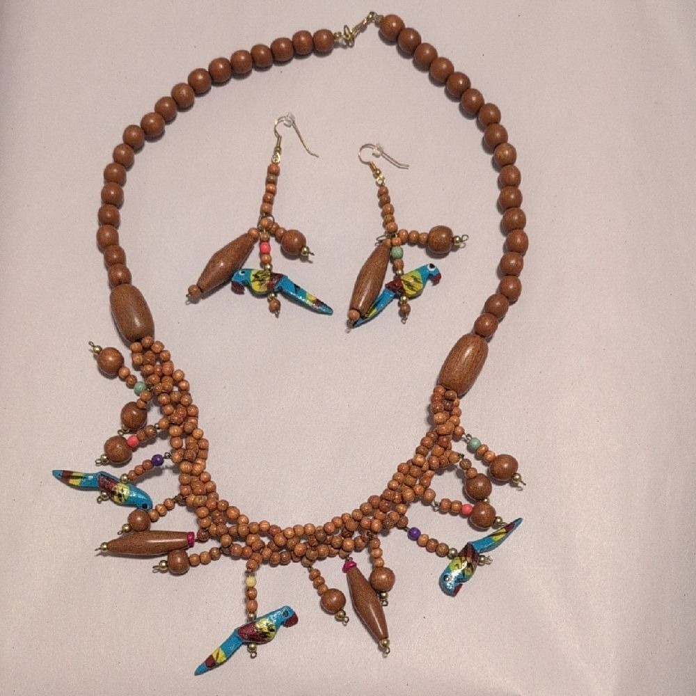 Colorful Wooden Bead Bird Necklace and Pierced Earring Set Tropical Fun
